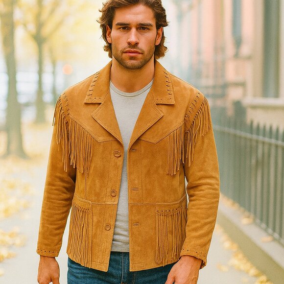 Men's Tan Suede Fringe Jacket - Picture 3 of 16